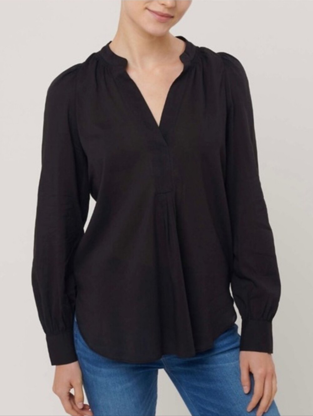Loft Black Split Neck Semi Sheer Tunic Long Sleeve Top New With Tags